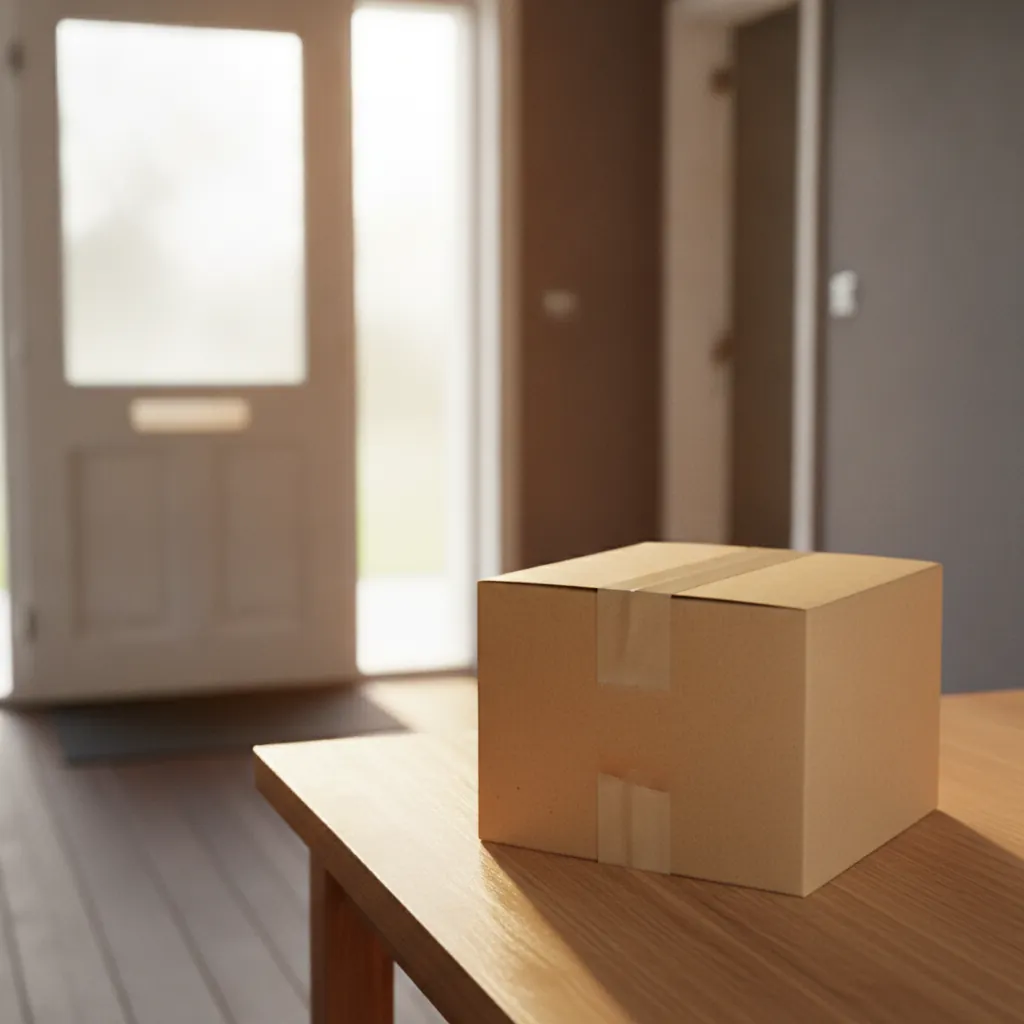 A neatly sealed kraft parcel box on a hallway table near a front door, ready for collection