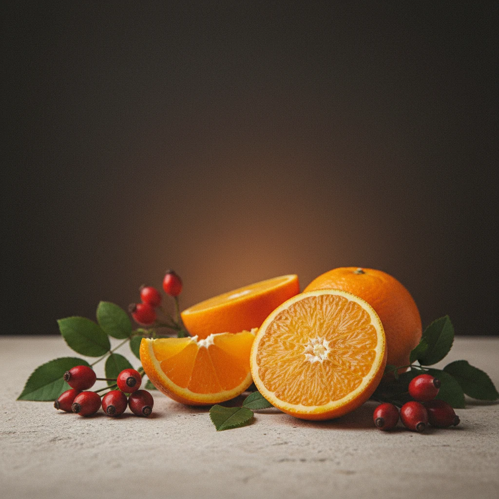 Fresh oranges, lemons and rosehips arranged on a light stone surface - sources of Vitamin C